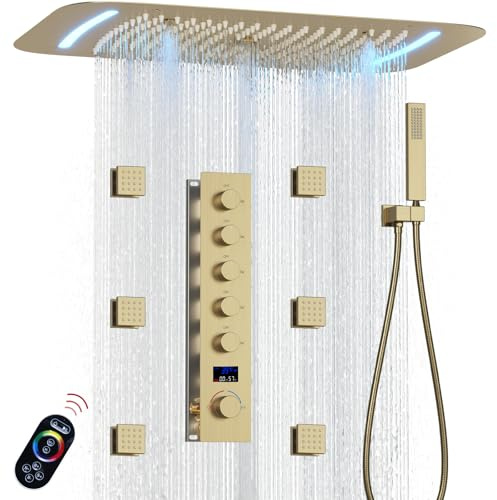KAITAIHD Brushed Gold Shower Mixer Set, 5 Function Shower System | 16X26 inch Rainfall Shower& Waterfall & Mist Shower, 6 Body Jets, Handheld Spray