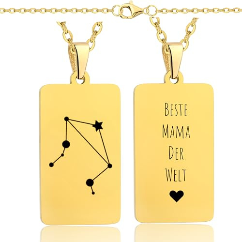 Lumari Gold Personalisierte Sternzeichen Halskette mit Gravur - Rechteck Medaillon Gold, Sternbilder Anhänger hypoallergen & langlebig – Geschenk für Damen & Herren, Partner & Familie