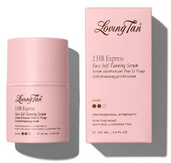Loving Tan 2 HR Express Face Tanning Serum, Dark - Hydrating, Natural-Looking Glow Sunless Self Tanner, Dermatologist Tested, Naturally Derived DHA, Vegan & Cruelty-Free (1 Fl Oz) Packaging May Vary
