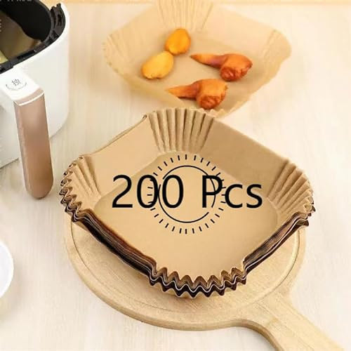RQzaufania 200 stycken 16x16cm Fyrkant Airfryer Bakpapper, Inte-stick Värmebeständiga, Luftfritös Engångspappersfoder Oljetät, vattentät, Pergamentplåt för Bakning, Rostning