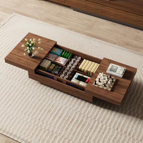 LumivoxNest Extendable Coffee Table with Storage, Sliding 120-208cm Walnut Coffee Table with Hidden Compartment, Modern Minimalist Multi-Functional table for Living Room