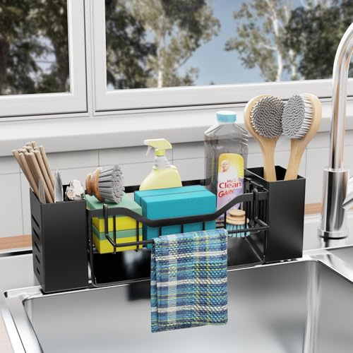 Koolkasa Spülbecken Organizer Küche Schwammhalter, Spüle Organizer mit Spültuchhalter und Aufbewahrungsbox, Metall Sink Organizer mit Automatisch Abflusspfanne, Kann hängend(Schwarz)