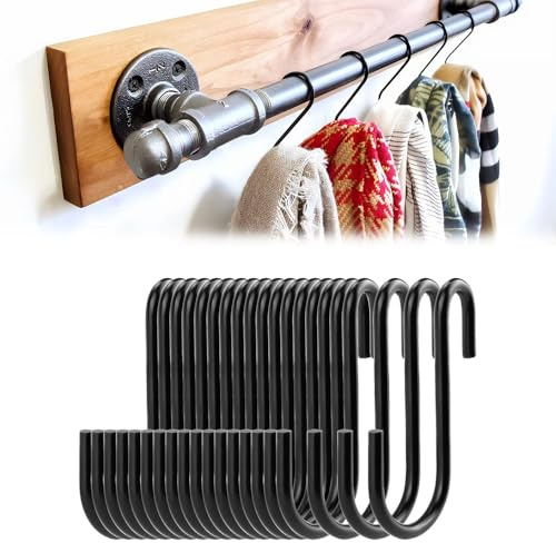 S Hooks, 20 Pcs Stainless Steel Meat Hooks, 6.5cm Large S Shaped Hook Multifunction and for Hanging Clothes & Towel for Home Kitchen Workshop Office Bathroom and Bedroom (Black)