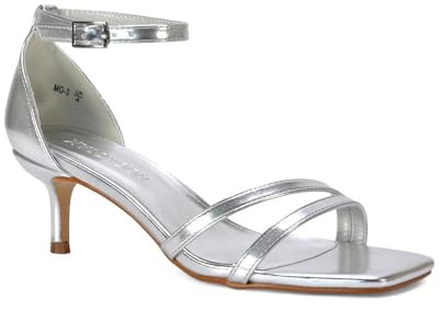 ESSEX GLAM Women's Kitten Low Heel Sandals Ladies Silver Metallic Strappy Ankle Strap Square Toe Barely there Two Part Shoes Size 5
