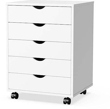 Elevon 5 Drawer Chest, Storage Cabinets Wooden Mobile Cabinet with Wheels Room Organizer, Small Drawers Wood Organization Furniture for Office, Home, White