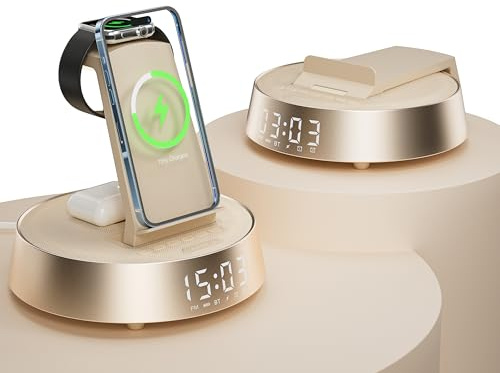 Wireless Charger für iPhone für Samsung, Radiowecker mit Bluetooth Lautsprecher Induktive Ladestation für Apple Watch, Kabelloses Ladegerät für AirPods mit Licht Nachtlampe