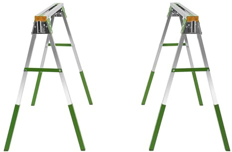 QUIOTUIR Set of 2 pcs Saw Horses with 4 Hooks Folding Metal Saw Horse Pair 6 Gears Adjustable Height Max.Load Capacity 1200kg Work Bench for Warehouses, Factories, Workspaces (Green, Silver)