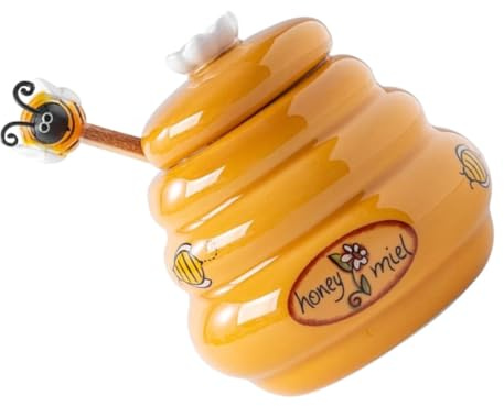DECORNIJIA Ceramic Honey Jar with Stirring Rod and Lid Cute Lidded Honey Dispenser Container for Kitchen Storage Multipurpose Porcelain Pot Tea Candy and Table Decoration