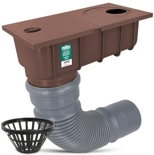 Millto Desagüe de Tubería de Lluvia Canalón Sumidero 110 mm Drenaje de Canalones Patio Rejilla Pluvial Caja Colectora Rejilla Extraíble Y Tubo Flexible 340‑400 mm Marrón