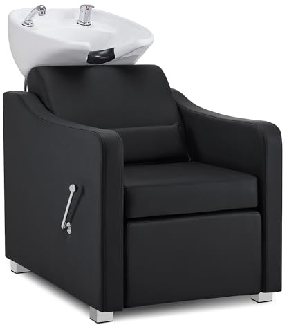 Barberpub Friseurstuhl mit Waschbecken, Klappbare Beinstütze, Friseurwaschbecken aus Keramik Verstellbar, Friseurwaschsessel für SPA Salon, Friseur Waschplatz W8675 (Weiß/Kunstleder)