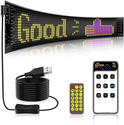 NEWFUN LED anzeigetafel, Led laufschrift programmierbar,37.2 x 9.2 cm, 5 V / 2 A Bluetooth Smart Apps RGB-Panel, Personalisierte Leuchtreklame für Autos