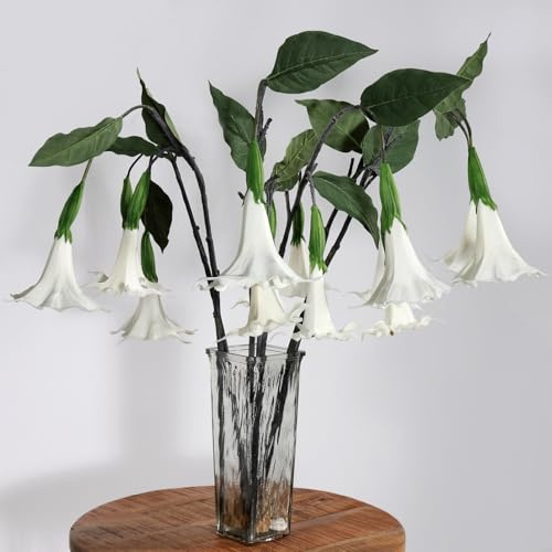 2Pcs Artificial Datura Flowers Realistic PU White Artificial Angel‘s Trumpet Flowers Fake Petunias Flower Stems Faux Trumpet Shaped Plants Branch for Vase Home Office Wedding Party Floral Decor