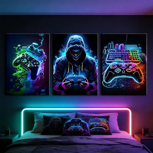 Xiyocadt 3 Stück Gaming Poster, Gamer Poster, Cooles Neon Spiel Thema Jungenzimmer Wandbilder, Gaming Bilder für Teenagerzimmer & Gamer Nischenräume, Ungerahmt (40 x 50 cm)