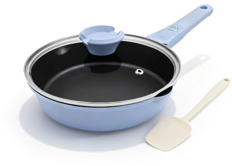 Bobikuke 20cm Nonstick Frying Pan with Lid, Aluminum Non-Stick Skillet with Detachable Handle, Saute Pan Non Toxic for All Stoves-Without PFOA|Anti-Scratch-Blue