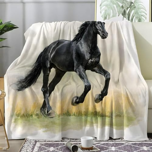 Ypthriline Schwarzes Pferd Kuscheldecke, Tuschestil Mikrofaser Fleecedecke, Kuscheldecke Flauschig Geeignet für Wohnzimmer und Schlafzimmer Home Decoration, 130×150CM