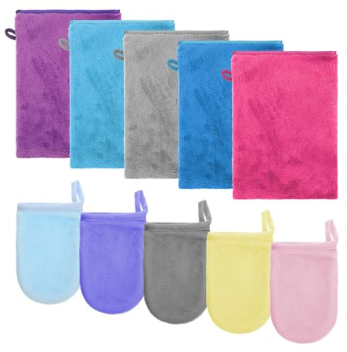 XLIUAX 10 guanti da bagno in spugna, in microfibra, guanti per il viso in pile corallo, morbidi assorbenti e riutilizzabili, guanti struccanti per viso e corpo