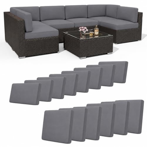 Hiseng 14er Set Outdoor Sofa Sitzkissenbezug und Rückenlehnenbezug Einfarbig Terrassen Gartenpolster Ersatzbezug Stretch Outdoor Kissen Bezüge für Ecksofa Gartenmöbel aus Rattan (Dunkelgrau)