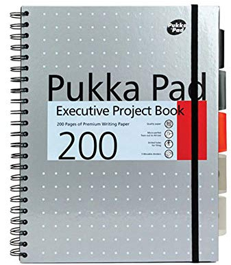 Pukka Pad, A4+ Metallic Executive Project Book – 22.5 x 29.6cm – 200 Page Hardback Wirebound Notebook with 8mm Lines and 80GSM Paper – Includes Repositionable Dividers with Pocket - 200 Pages, Silver