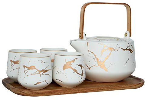 Sunddo Juego de servicio de té de mármol blanco grande de cerámica (40 onzas), 4 tazas de té (6.7 onzas) con bandeja de madera, tetera moderna, juego de tazas de té para el hogar y la oficina