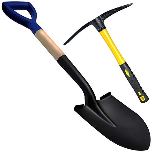 Set da 2 pezzi: 1 mini vanga rotonda con manico in legno lungo 700 mm + 1 zappa a punta con manico in fibra di vetro da 500 g