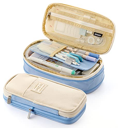Large Capacity Pencil Case Durable School Student Pen Holder Organizer Stationery Makeup Cosmetic Pouch for Girls, 22x11cm (Upgraded Version-Light Blue)