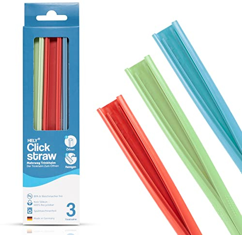 HELY ClickStraw 3er Pack Kunststoff Strohhalme Spülmaschinenfest Farb-Mix I Strohhalm waschbar 190mm lang + 8,4mm breit I Riesen Strohhalme, nachhaltig