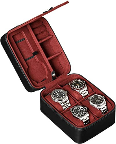5 Watch Travel Case Storage Organizer for 5 Watches | Tough Portable Protection w/Zipper Fits All Wristwatches & Smart Watches Up to 50mm (Black/Red)