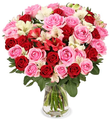 Blumenstrauß Rosenwunder, Rosen und Inkalilien, Rot, Weiß, Rosa, bis zu 40 Blüten, 40-50cm Länge, Qualität vom Floristen, handgebunden, perfekte Geschenkidee bestellen