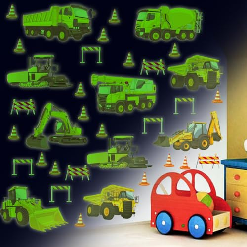 TOARTI 26 Stück Transporte Auto Wandsticker,Wandtattoo Kinderzimmer Junge,Cartoon Fahrzeuge Leuchtend Wandaufkleber,Traktor Bagger Leuchtsticker für Junge Mädchen Schlafzimmer Babyzimmer Geschenk Deko