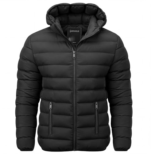 Spindle Mens Plain Black Hooded Padded Quilted Puffer Jacket Winter Coat 2 Zip Pockets Black With Zips S