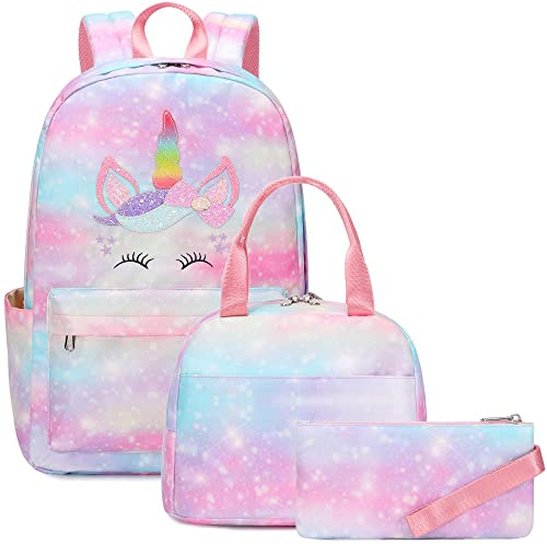 Kouxunt skolryggsäck flicka tonåring ryggsäck skola barn, 3 delar set skolväskor med lunchväska pennfodral, Rosa, enhörning, Large, Ryggsäck för barn