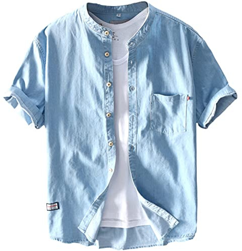 GIBZ Camisa de Mezclilla para Hombre Algodón Informal con Botones Manga Corta Camisas de Verano, Azul Claro, L