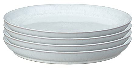 Denby - White Speckle Set of 4 Coupe Dinner Plates - Dishwasher & Microwave Safe Crockery - Soft Textured Glaze Effect - Ceramic Stoneware Dinner Plates - Chip & Crack Resistant - L26xW26xH3