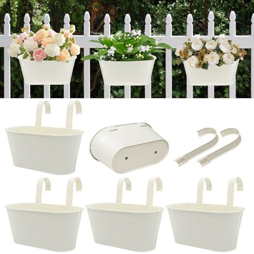 11 tum planteringslåda för räcken, 5-pack hängande metallväxter med krokar | 5-pack planteringslådor i metall med avtagbara krokar och dräneringshål, perfekt för balkonger, staket, fönster och utomhus