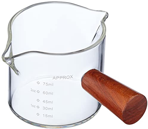 VIA CREMA Espresso Shotglas mit Holzgriff - Doppelauslauf Coffee Measuring Shot Glass (Wood Handel) - Kaffee Messbecher