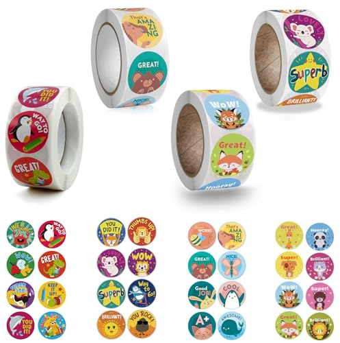 TECKI 2000 Stuke Belohnungssticker - Aufkleber Sticker Als Belohnung für Studierende, Sticker Tiere Runde, Lehrer Zubehör, Lehrerstempel Grundschule, stempel lehrer, Kindergarten Motivationssticker