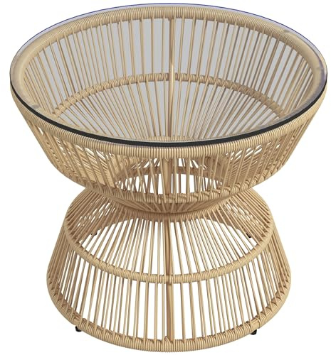 Outsunny Table d'appoint en rotin, Ø60 cm Table basse de jardin avec plateau de table en verre trempé, table de balcon au design boho, table basse pour jardin, balcon, bois naturel