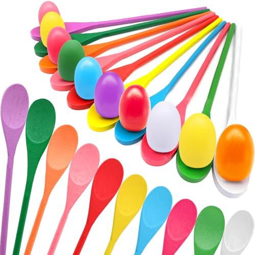 TOPLEE 20 Pcs Easter Egg and Spoon Race Game Set, 10 Players Balance Relay Easter Games Include 10 Eggs and Wooden Spoons for Kids Family Carnival Outdoor Games Holiday Birthday Party Supplies