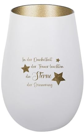 Der-Porzellan-Laden Windlicht mit Gravur Weiß Gold Teelichthalter aus Glas | In der Dunkelheit der Trauer leuchten mit Spruch Tischdeko modern