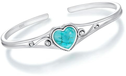 Authentischer Türkis-Armreif, Sterling Silber Native American Boho verstellbarer Herz-Bangle-Cuff Schmuck für Damen – passt für 6,5/7 / 7,5 Zoll