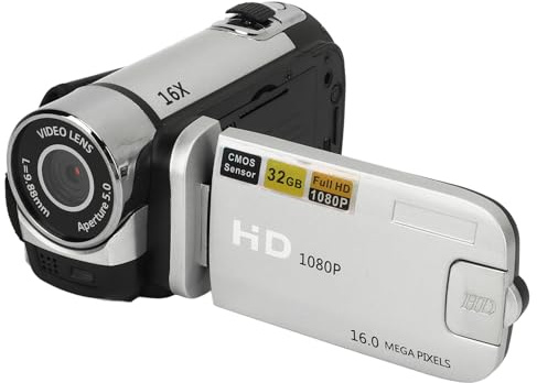 Denash Caméscope Vidéo, Appareil Photo Numérique 1080P 16MP Enregistreur de Caméra Vlogging avec Zoom Numérique 16X, Caméscope Compact pour la Photographie (Silver)