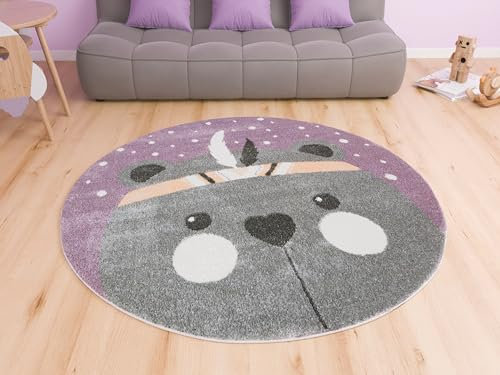 AKCILA Runden Kinderteppich Lima Teddybär, Apache Teppich Lila 160 cm, Teppiche für EIN Kinderzimmer mit kurzem Flor, Teppich für einen Jungen,Mädchen, Kinderteppich, Spielteppich, Kids Carpet