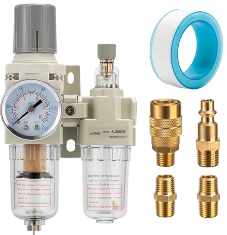 LNCHKA Air Pressure Regulator with Pressure Gauge(0-150PSI),Water Separator for Air Compressor Semi-Auto Drain 1/4 NPT Threaded Interface