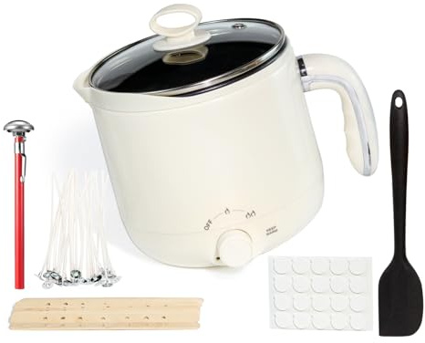 JULWHISPER 1,8L Wachsschmelzer für Kerzenherstellung mit Ausgießvorrichtung | EU Stecker, 1800ml großes Fassungsvermögen, Thermometer, Dochte, Zentriervorrichtung, Rührlöffel inklusive