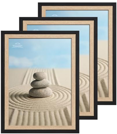 lincoolart Cadre Photo A4 Bois et Noir - Lot de 3 Cadres Mural 21x30 cm avec Verre Acrylique Incassable pour Posters, Images, Diplômes
