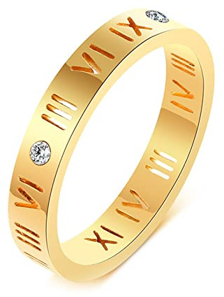 Grewod Ringe Eheringe, 3.5MM Edelstahl Damen Ring Gold Römische Zahlen mit Weiß Rund Zirkonia Ring Schlicht Größe 49 (15.6)