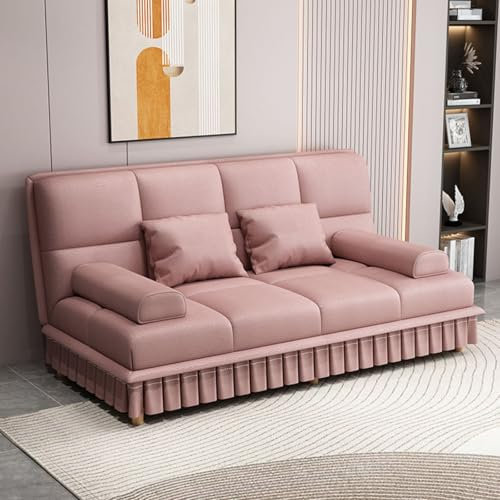 WEIDPHL 3-in-1-Schlafsofa, umwandelbares Schlafsofa, auf den Boden klappbares Schlafsofa, Chaiselongue mit 2 Kissen, modernes Futon-Schlafsofa für kleine Räume,Rosa