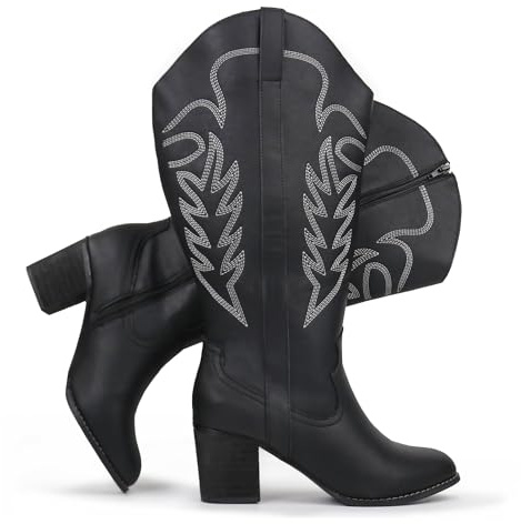 Chicblooms Cowboystövlar för kvinnor med extra bred vad, broderade västerländska stövlar, cowgirlstövlar, knähöga, svart, 39.5 EU