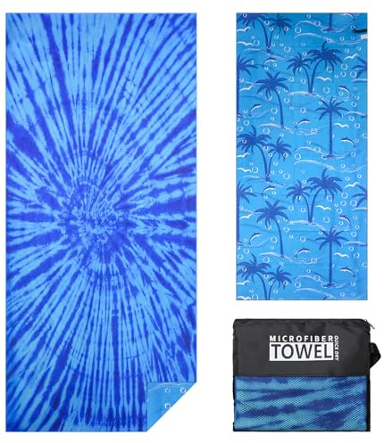 Vorvowry Microfibre Beach Towels for Adults Women Men Extra Large Lightweight Quick Dry Sand Free Travel Towel Double Sided Printing for Swim Sports with Mesh Bag 80×180cm Blue Tie Dye 1 Pack
