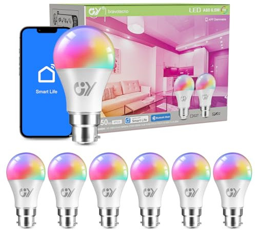 GY Bluetooth Mesh B22 RGBCW Smart LED Bulbs A60 6.5W High Energy Efficiency Bulb,Warm White to Cool White(2700K-6500K)Colour Changing,No WiFi required,Bluetooth Connect Smart Life APP Control,6 packs